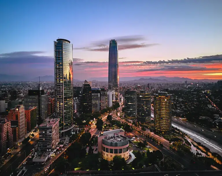 Las Condes and Gran Torre Santiago at dusk