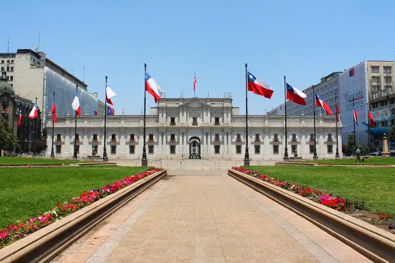 La Moneda presidential palace and its flag-lined plaza